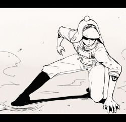 Rule 34 | 1boy, boots, earflap hat, fighting stance, full body, hat, hat pompom, heart pirates, jumpsuit, letterboxed, male focus, monochrome, one piece, penguin (one piece), solo, squatting, takuhe 0410, tattoo