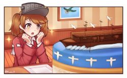 Rule 34 | + +, 1girl, blush, brown eyes, brown hair, cake, eyebrows, food, highres, historical name connection, indoors, jacy, kantai collection, looking away, name connection, open mouth, plate, ryuujou (kancolle), short hair, short twintails, smile, solo, sparkle, tearing up, twintails, twitter username