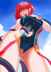 Rule 34 | 1girl, blush, breasts, competition swimsuit, nintendo, nipples, oki kuro, one-piece swimsuit, pussy, pyra (xenoblade), red eyes, red hair, swimsuit, tentacles, xenoblade chronicles (series), xenoblade chronicles 2