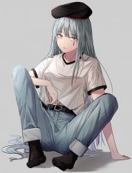 Rule 34 | 1girl, absurdres, alternate costume, arm support, bad id, bad pixiv id, belt, belt buckle, beret, black belt, black hat, black socks, blue pants, blush, breasts, buckle, casual, cizzi, closed mouth, commentary, facial mark, full body, girls&#039; frontline, green eyes, grey background, hat, highres, hk416 (girls&#039; frontline), long hair, looking at viewer, no shoes, pants, shadow, shirt, short sleeves, silver hair, sitting, small breasts, socks, solo, very long hair, white shirt