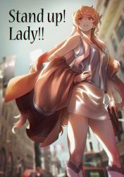 Rule 34 | 10s, 1girl, bag, bare arms, blouse, blurry, blurry background, bracelet, building, bus, camisole, carrying, carrying under arm, city, cowboy shot, depth of field, english text, hand on own hip, handbag, highres, holding, holding bag, jacket, jewelry, long hair, maria cadenzavna eve, miniskirt, motor vehicle, murakami hisashi, outdoors, pendant, pink hair, senki zesshou symphogear, shirt, skirt, smile, solo, standing, striped clothes, striped shirt, unworn jacket, vertical stripes
