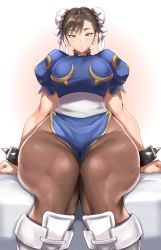 Rule 34 | 1girl, absurdres, anagumasan, arm support, bed, boots, bracelet, breasts, brown eyes, brown hair, brown pantyhose, bun cover, capcom, china dress, chinese clothes, chun-li, cross-laced footwear, double bun, dress, earrings, gold trim, hair bun, highres, jewelry, knee boots, lace-up boots, large breasts, pantyhose, pelvic curtain, puffy short sleeves, puffy sleeves, sash, short hair, short sleeves, simple background, sitting, solo, spiked bracelet, spikes, street fighter, thick thighs, thighs, white background, white footwear
