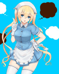 Rule 34 | 1girl, apron, blend s, blonde hair, blue background, blue eyes, blue shirt, blue skirt, blush, breasts, collared shirt, cowboy shot, employee uniform, frilled apron, frills, gloves, hair between eyes, hand on own hip, head scarf, highres, hinata kaho, index finger raised, large breasts, looking at viewer, open mouth, pinky out, pleated skirt, puffy short sleeves, puffy sleeves, shirt, short sleeves, skirt, solo, temari rin, thighhighs, thought bubble, twintails, uniform, waist apron, waitress, white apron, white gloves, white thighhighs, wing collar