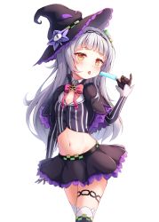Rule 34 | 1girl, blunt bangs, breasts, buttons, cleavage, collarbone, food, groin, hair bun, hat, headband, highres, hololive, long hair, midriff, miniskirt, murasaki shion, murasaki shion (1st costume), navel, pinstripe pattern, pinstripe shirt, popsicle, saliva, saliva trail, shirt, single side bun, skirt, small breasts, solo, striped clothes, striped shirt, tongue, tongue out, ushimu, vertical-striped clothes, vertical-striped shirt, virtual youtuber, white background, witch hat