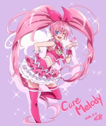 Rule 34 | 0417nao, 10s, 1girl, blue eyes, blush, bow, character name, choker, cure melody, curly hair, earrings, frilled skirt, frills, hair bow, hairband, heart, heart earrings, houjou hibiki, jewelry, long hair, magical girl, midriff, musical note, one eye closed, pink hair, precure, skirt, solo, suite precure, thighhighs, twintails, very long hair, zettai ryouiki