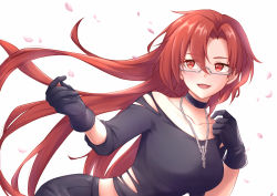 Rule 34 | 1girl, :d, absurdres, altheavin, black choker, black gloves, black shirt, blouse, blush, caduceus, cherry blossoms, choker, collarbone, falling petals, floating hair, glasses, gloves, hair between eyes, hair intakes, highres, jewelry, labyrista, labyrista (princess connect!), labyrista (real) (princess connect!), long hair, necklace, off-shoulder shirt, off shoulder, open mouth, petals, princess connect!, red eyes, red hair, semi-rimless eyewear, shirt, smile, solo, torn clothes, torn shirt, under-rim eyewear, very long hair, white background