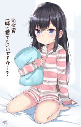Rule 34 | 1girl, akino ell, arm support, asashio (kancolle), barefoot, bed sheet, black hair, blue eyes, blush, closed mouth, collarbone, hair between eyes, highres, hood, hood down, hooded jacket, hugging object, jacket, kantai collection, long hair, long sleeves, pillow, pillow hug, short shorts, shorts, sitting, sleeves past wrists, solo, striped clothes, striped jacket, striped shorts, translation request, very long hair, wariza