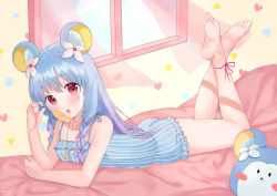 Rule 34 | 1girl, animal ear fluff, animal ears, bad id, bad pixiv id, bare arms, bare shoulders, barefoot, bear ears, bed sheet, blue camisole, blue flower, blue hair, blue shorts, blue sky, blush, blush stickers, braid, camisole, candy, cloud, cloudy sky, collarbone, commentary request, crescent, crescent necklace, curtains, day, fingernails, flower, food, gradient hair, hair between eyes, hair flower, hair ornament, hand up, head tilt, heart, holding, holding candy, holding food, holding lollipop, jewelry, kubong, lollipop, long hair, looking at viewer, lying, multicolored hair, necklace, on stomach, original, pink flower, purple hair, red eyes, red ribbon, ribbon, short shorts, shorts, side braids, sky, soles, solo, striped clothes, striped shorts, swirl lollipop, transparent, twin braids, vertical-striped clothes, vertical-striped shorts, window