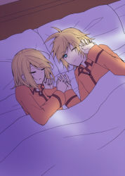 Rule 34 | 1boy, 1girl, bed, bed sheet, blonde hair, blue eyes, brother and sister, covering one eye, hinata (princess apple), image sample, interlocked fingers, kagamine len, kagamine rin, light rays, messy hair, morning, one eye closed, pajamas, pillow, shared blanket, short hair, siblings, sleeping, sleepy, sunlight, twins, vocaloid, waking up
