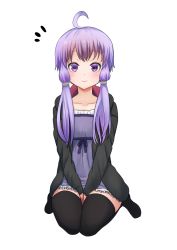 Rule 34 | 1girl, ahoge, as (27273212), between legs, black thighhighs, blush, collarbone, dress, hair ornament, hand between legs, hood, hood down, hooded jacket, hoodie, jacket, kakan (amka), looking at viewer, low twintails, purple eyes, purple hair, seiza, short dress, sitting, smile, solo, strapless, strapless dress, thighhighs, translation request, transparent background, tube dress, twintails, v arms, vocaloid, voiceroid, yuzuki yukari
