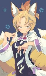 Rule 34 | 1girl, ahoge, alternate eye color, alternate hairstyle, animal ears, blonde hair, blue background, blue tabard, blush, breasts, brooch, cherry blossom print, claw pose, commentary request, constricted pupils, dress, fighting stance, fingernails, floral print, forehead, fox ears, fox girl, fox tail, frills, green eyes, grin, hair up, half-closed eyes, hands up, highres, jewelry, long fingernails, long sleeves, looking at viewer, morino hon, multiple tails, naughty face, no headwear, ponytail, puffy long sleeves, puffy sleeves, purple ribbon, raised eyebrow, ribbon, sharp fingernails, sharp teeth, short hair, signature, simple background, sleeve cuffs, small breasts, smile, smirk, solo, tabard, tail, teeth, touhou, upper body, white dress, yakumo ran