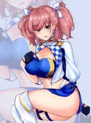 Rule 34 | 1girl, absurdres, atlanta (kancolle), bandeau, black gloves, blue bandeau, blue skirt, boots, breasts, brown hair, cosplay, cropped jacket, gloves, gotland (kancolle), gotland (kancolle) (cosplay), grey eyes, hair ribbon, half gloves, highres, jacket, kantai collection, knee boots, large breasts, long hair, midriff, miniskirt, paid reward available, race queen, revision, ribbon, shrug (clothing), sitting, skirt, two side up, white footwear, white jacket, white ribbon, yukai (xiaoyu13298276), zoom layer
