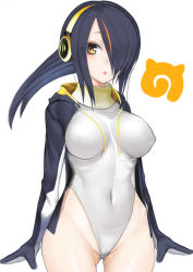 Rule 34 | 10s, 1girl, black hair, breasts, brown eyes, cameltoe, chestnut mouth, commentary request, covered erect nipples, covered navel, curvy, emokakimasu, emperor penguin (kemono friends), gluteal fold, hair over one eye, headphones, highleg, highleg leotard, highres, japari symbol, kemono friends, large breasts, leotard, long hair, looking at viewer, simple background, solo, white background, white leotard, wide hips