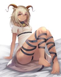 Rule 34 | 1girl, absurdres, animal ears, aoinu (aoinu 99), arknights, arm support, ass, bare legs, bare shoulders, barefoot, bed sheet, beeswax (arknights), black ribbon, breasts, commentary, dress, hair between eyes, highres, horns, knees together feet apart, knees up, leg ribbon, long hair, looking at viewer, off-shoulder dress, off shoulder, resolution mismatch, ribbon, short sleeves, silver hair, simple background, sitting, small breasts, solo, source larger, thighs, white background, white dress, yellow eyes