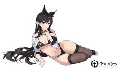 Rule 34 | 1girl, animal ears, arm support, atago (azur lane), azur lane, bikini, black bikini, black hair, black thighhighs, blush, breasts, brown eyes, cleavage, copyright name, extra ears, fingers to mouth, full body, high heels, highleg, highleg bikini, kishiyo, large breasts, logo, long hair, looking at viewer, lying, mole, mole under eye, navel, official art, on side, race queen, shrug (clothing), sidelocks, simple background, skindentation, smile, solo, stomach, swimsuit, thighhighs, thighs, white background, white footwear, wrist cuffs
