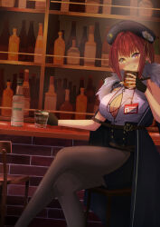 Rule 34 | 1girl, :q, alcohol, bar (place), bar stool, beret, blush, bottle, breasts, cleavage, crossed legs, detoyana, fingerless gloves, glass, gloves, hat, heterochromia, highres, hololive, houshou marine, houshou marine (businesswoman), large breasts, nail polish, open clothes, open shirt, pantyhose, sitting, smile, solo, stool, tongue, tongue out, virtual youtuber