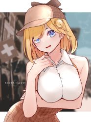 Rule 34 | 1girl, artist logo, bare shoulders, blonde hair, blue eyes, blue sky, blurry, blurry background, breast hold, breasts, brown headwear, building, city, hair ornament, hand on own chest, high-waist skirt, highres, hololive, hololive english, large breasts, leaning forward, letterboxed, looking at viewer, nuggetkouhai, outside border, photo background, plaid, plaid skirt, shirt, skirt, sky, sleeveless, sleeveless shirt, smile, solo, switzerland, virtual youtuber, watson amelia, white shirt
