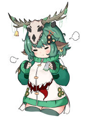 Rule 34 | 1girl, :t, = =, animal ears, antlers, bailingxiao jiu, bell, black gloves, blush, closed eyes, closed mouth, cowboy shot, cropped legs, ear piercing, fingerless gloves, glint, gloves, green hair, green thighhighs, hair ornament, hands up, highres, horns, jacket, long sleeves, original, piercing, pout, puffy long sleeves, puffy sleeves, simple background, skull-shaped hat, skull hat, sleeves past wrists, solo, thighhighs, white background, white jacket