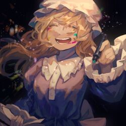 1girl :d blonde_hair breasts closed_eyes commentary_request dress frilled_shirt_collar frilled_sleeves frills happy hat highres holding holding_marker long_hair long_sleeves maribel_hearn marker mob_cap mushiao open_mouth purple_dress small_breasts smile solo touhou white_hat wide_sleeves