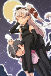 Rule 34 | 10s, 2girls, alternate costume, amatsukaze (kancolle), black dress, black gloves, carrying, carrying under arm, dress, elbow gloves, engiyoshi, gloves, grey hair, hair tubes, hairband, head bump, kantai collection, long hair, multiple girls, open mouth, short hair, smile, tanikaze (kancolle), two side up, unconscious, wind