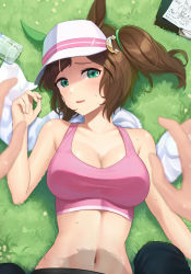 Rule 34 | 1boy, 1girl, animal ears, bare shoulders, bottle, bra, breasts, brown hair, cleavage, collarbone, ear covers, freckles, grass, green eyes, highres, horse ears, horse girl, hukahito, ines fujin (umamusume), large breasts, looking at viewer, lying, navel, on back, outdoors, pink bra, pov, pov hands, shadow, side ponytail, single ear cover, smile, solo, sports bra, sweat, towel, trainer (umamusume), umamusume, underwear, upper body, visor cap, water bottle, yukadon