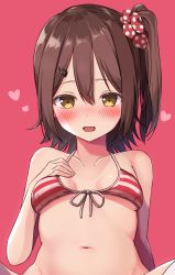Rule 34 | 1girl, bikini, breasts, brown eyes, brown hair, close-up, hair ornament, hairclip, highres, idolmaster, idolmaster million live!, kasuga mirai, kuro kinkan, large forehead, looking at viewer, medium breasts, navel, open mouth, pink background, short hair, side ponytail, simple background, smile, solo, striped bikini, striped clothes, swimsuit