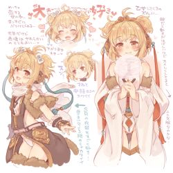 Rule 34 | 1girl, 7010, andira (granblue fantasy), animal ears, blonde hair, blush, brown eyes, commentary request, detached sleeves, granblue fantasy, monkey ears, monkey girl, monkey tail, multiple views, smile, tail, thighhighs, translation request