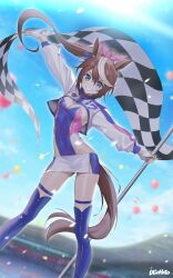 Rule 34 | 1girl, absurdres, animal ears, artist name, blue eyes, blue leotard, blue sky, blue thighhighs, blurry, boots, brown hair, checkered flag, cloud, commentary, cropped jacket, day, depth of field, feet out of frame, flag, grin, highres, horse ears, horse girl, horse tail, jacket, leotard, long hair, long sleeves, miniskirt, multicolored hair, multicolored leotard, outdoors, outstretched arms, ponytail, race queen, shrug (clothing), skirt, sky, smile, solo, streaked hair, symbol-only commentary, tail, thigh boots, thighhighs, tokai teio (umamusume), two-tone hair, ugohato, umamusume, white hair, white jacket, white skirt