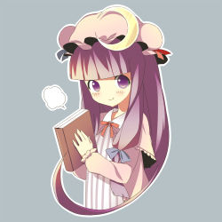 Rule 34 | 1girl, aged down, blunt bangs, book, crescent, female focus, grey background, hat, holding, holding book, long hair, looking at viewer, oniku (shimofuri-ke), patchouli knowledge, purple eyes, purple hair, simple background, smile, solo, touhou, upper body