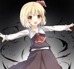 Rule 34 | 1girl, :d, a-lapin, blonde hair, darkness, hair ribbon, highres, open mouth, outstretched arms, red eyes, ribbon, rumia, shirt, short hair, skirt, smile, solo, spread arms, touhou, vest
