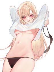 Rule 34 | 1girl, :d, absurdres, armpits, arms up, black panties, blonde hair, blush, bra, unworn bra, breasts, clothes lift, cowboy shot, ear blush, ear piercing, eyelashes, groin, highres, holding, holding bra, holding clothes, holding underwear, kitagawa marin, lifting own clothes, long hair, long sleeves, looking down, medium breasts, navel, no bra, no pants, open mouth, panties, piercing, pink eyes, shirt, shirt lift, simple background, smile, smilesmile1312, solo, sono bisque doll wa koi wo suru, string panties, swept bangs, underboob, underwear, upshirt, very long hair, white background, white shirt