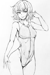 Rule 34 | 1girl, breasts, closed mouth, commentary request, competition swimsuit, covered navel, cowboy shot, d-m (dii emu), eyelashes, greyscale, happy, kazami yuuka, looking at viewer, monochrome, one-piece swimsuit, short hair, small breasts, smile, swimsuit, touhou, traditional media