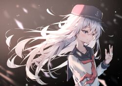 Rule 34 | 1girl, absurdres, anchor symbol, black hat, black sailor collar, blue eyes, blush, closed mouth, dfd, flat cap, flat chest, grey hair, hair between eyes, hat, hibiki (kancolle), highres, jewelry, kantai collection, long hair, long sleeves, neckerchief, red neckerchief, ring, sailor collar, school uniform, serafuku, smile, solo, upper body, wedding ring