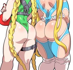 Rule 34 | 2girls, ass, ass-to-ass, ass cutout, ass focus, back, back cutout, bad id, bad pixiv id, blonde hair, braid, cammy white, clothing cutout, crossed arms, doboshiru, elbow gloves, fingerless gloves, frills, from behind, gloves, harness, head out of frame, heart, heart cutout, highleg, highleg leotard, huge ass, knee pads, leotard, long hair, lower body, multiple girls, plump, pouch, rainbow mika, shiny skin, side-by-side, street fighter, street fighter v, thick thighs, thigh pouch, thigh strap, thighs, thong leotard, twin braids, twintails, very long hair, wedgie, wide hips