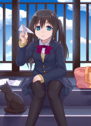 Rule 34 | 1girl, animal, bag, black cat, black hair, black pantyhose, blazer, blue eyes, blue jacket, blue skirt, blue sky, bookbag, bow, bowtie, cat, closed mouth, cloud, collared shirt, commentary request, day, hair between eyes, hand on leg, hand on own thigh, jacket, knees together feet apart, long hair, long sleeves, looking away, original, outdoors, pantyhose, paper, paper airplane, railing, red bow, red bowtie, school bag, shirt, sidelocks, sitting, skirt, sky, sleeves past wrists, smile, solo, tukino neru, twintails, white shirt
