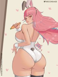 Rule 34 | 1girl, ass, bare shoulders, blush, borrowed character, breasts, carrot, ecchisage, from behind, highres, huge ass, huge breasts, leotard, long hair, looking at viewer, looking back, mirai (mirai hikari), original, pink hair, rabbit ears, rabbit tail, red eyes, shiny clothes, shiny skin, sideboob, skindentation, smile, tail, thick thighs, thighhighs, thighs, very long hair