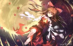 Rule 34 | 1girl, absurdres, afloat, ascot, autumn leaves, bow, brown eyes, brown hair, detached sleeves, dutch angle, floating, full moon, hair bow, hair tubes, hakurei reimu, hankon, highres, leaf, leg up, long hair, looking at viewer, lying, maple leaf, midriff, moon, navel, night, night sky, on back, outdoors, outstretched arms, reflection, ribbon-trimmed sleeves, ribbon trim, ripples, signature, skirt, sky, solo, star (sky), starry sky, touhou, tsukimi, water