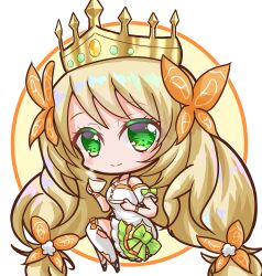 Rule 34 | 1girl, bare shoulders, blonde hair, bow, butterfly hair ornament, celine (fire emblem), chibi, chibi only, closed mouth, crown, cup, dress, fire emblem, fire emblem engage, full body, green bow, green eyes, griffonmask11, hair ornament, highres, holding, holding cup, holding plate, long hair, nintendo, official alternate costume, orange bow, plate, smile, solo, teacup, thighhighs, very long hair, white dress, white thighhighs
