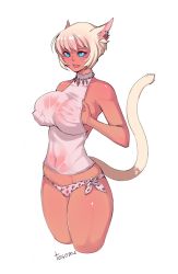 Rule 34 | 10s, 1girl, :d, animal ears, animal print, artist name, bare shoulders, blonde hair, blue eyes, grabbing another&#039;s breast, breast hold, breasts, cat ears, cat tail, collarbone, covered navel, cropped legs, dark-skinned female, dark skin, facial mark, final fantasy, final fantasy xiv, grabbing, grabbing own breast, groin, large breasts, legs together, leopard print, miqo&#039;te, open mouth, panties, short hair, side-tie panties, simple background, sleeveless, smile, solo, tail, teeth, tesomu, tongue, underwear, white background