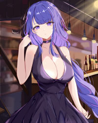 Rule 34 | 1girl, absurdres, alcohol, alternate costume, bar (place), bare arms, bare shoulders, bipup-hola, black choker, blunt bangs, blurry, blurry background, bottle, braid, breasts, ceiling light, choker, cleavage, cocktail dress, collarbone, contemporary, counter, dress, earrings, genshin impact, hand up, highres, jewelry, large breasts, long hair, looking at viewer, low-braided long hair, low-tied long hair, mole, mole under eye, nail polish, parted lips, purple dress, purple eyes, purple hair, purple nails, raiden shogun, shelf, sidelocks, signature, solo, stairs, upper body, very long hair