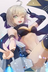 Rule 34 | 1girl, ;d, ahoge, asymmetrical gloves, bikini, black bikini, black bow, black gloves, black scarf, blonde hair, bow, breasts, cleavage, double v, elbow gloves, fate/grand order, fate (series), gloves, green eyes, hair between eyes, hair bow, highres, medium breasts, multi-strapped bikini, okita j. souji (fate), okita j. souji (first ascension) (fate), okita souji (fate), okita souji (koha-ace), one eye closed, open mouth, rokuo016, scarf, short hair, single glove, smile, solo, swimsuit, uneven gloves, v