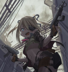 Rule 34 | belt pouch, bike shorts, blue eyes, dark sky, dual wielding, eyepatch, girls&#039; frontline, gloves, gun, hair ornament, hironii (hirofactory), holding, jacket, looking at viewer, looking down, machine pistol, name connection, navel, open mouth, personal defense weapon, pouch, scenery, skorpion (girls&#039; frontline), skorpion vz. 61, solo, submachine gun, toy block, trigger discipline, twintails, weapon, wire