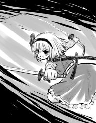 Rule 34 | &gt;:o, 1girl, :o, ass, bob cut, bow, dual wielding, female focus, from behind, greyscale, hair bow, hairband, holding, katana, konpaku youmu, leaning forward, looking back, monochrome, outstretched arms, running, sheath, shirt, short hair, sketch, skirt, skirt set, solo, sword, touhou, v-shaped eyebrows, vest, weapon