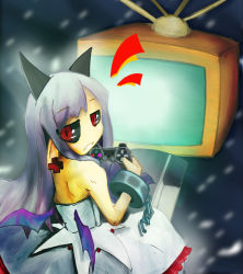 Rule 34 | 1girl, another13, bad id, bad pixiv id, bat wings, black sclera, colored sclera, controller, cuffs, game console, game controller, nippon itchi software, phantom kingdom, pram (phantom kingdom), red eyes, shackles, solo, television, wings
