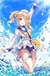 Rule 34 | 1girl, absurdres, arm up, barbara (genshin impact), barbara (summertime sparkle) (genshin impact), blonde hair, bow, bowtie, choker, cloud, detached sleeves, genshin impact, hat, high heels, highres, light rays, looking at viewer, ocean, one eye closed, open mouth, outdoors, sandals, school uniform, serafuku, sky, sleeveless, solo, standing, summer, swimsuit, two side up, water drop, white hat, yellow bow, yellow bowtie, yellow eyes, yuye