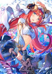 Rule 34 | 1girl, :d, aqua eyes, arm up, blue skirt, blush, brooch, circlet, clothing cutout, commentary request, craytm, crop top, dutch angle, floating hair, forehead jewel, genshin impact, gold trim, harem outfit, highres, holding, holding sword, holding weapon, jewelry, linea alba, long hair, long sleeves, looking at viewer, neck ring, nilou (genshin impact), open mouth, parted bangs, puffy long sleeves, puffy sleeves, red hair, shrug (clothing), sidelocks, simple background, skirt, smile, solo, sword, twintails, vambraces, veil, vision (genshin impact), water, weapon
