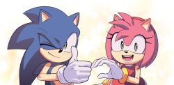 Rule 34 | 1boy, 1girl, absurdres, amy rose, animal ears, animal nose, bare shoulders, blue fur, bracelet, closed mouth, dress, eyelashes, furry, furry female, furry male, gloves, gold bracelet, green eyes, hand up, hedgehog, hedgehog ears, hedgehog girl, highres, hyeon sonic, jewelry, looking at viewer, meme, one eye closed, open mouth, pink fur, red dress, sleeveless, sleeveless dress, smile, sonic (series), sonic the hedgehog, standing, teeth, tongue, white background, white gloves, yellow background