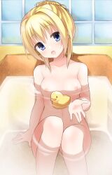 Rule 34 | 1girl, :d, \||/, alternate hairstyle, arm at side, bath, bathtub, blonde hair, blue eyes, blush, breasts, chitose sana, collarbone, commentary, completely nude, convenient censoring, convenient leg, eyelashes, hair between eyes, hair bun, hair intakes, head tilt, highres, indoors, knees up, long hair, looking at viewer, navel, nipples, nude, open hand, open mouth, partially submerged, ripples, rubber duck, sidelocks, single hair bun, sitting, small breasts, smile, solo, takepoison, tenshinranman, tile wall, tiles, wet, wet hair