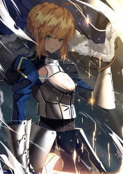 Rule 34 | 1girl, absurdres, ahoge, armor, armored dress, artoria pendragon (all), artoria pendragon (fate), blonde hair, blue cloak, blue dress, blue ribbon, braid, breastplate, cloak, closed mouth, dress, excalibur (fate/stay night), fate/stay night, fate (series), faulds, french braid, fur-trimmed cloak, fur trim, gauntlets, glint, glowing, glowing sword, glowing weapon, green eyes, hair between eyes, hair bun, hair ribbon, highres, holding, holding sword, holding weapon, juliet sleeves, light particles, long sleeves, looking at viewer, lucky (1045044604), puffy sleeves, ribbon, saber (fate), serious, shade, short hair, sidelocks, single hair bun, solo, standing, sword, weapon