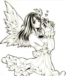 Rule 34 | 1girl, angel wings, black hair, blush, box, breasts, detached sleeves, dress, feather hair ornament, feathers, final fantasy, final fantasy viii, frilled dress, frills, gift, gift box, hair ornament, halterneck, heart, heart hair ornament, high contrast, highres, holding, holding box, jewelry, long hair, looking at viewer, medium breasts, necklace, official alternate costume, puckered lips, rinoa heartilly, ruy, solo, upper body, white background, wings
